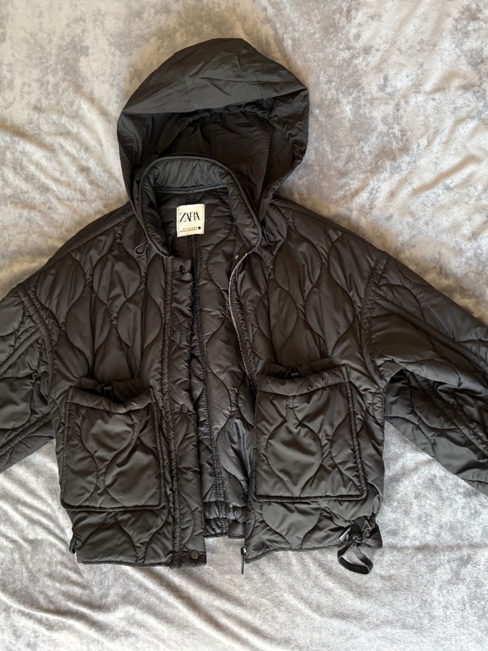 ZARA Cropped Black Hooded Jacket Hidden Hood Lightweight